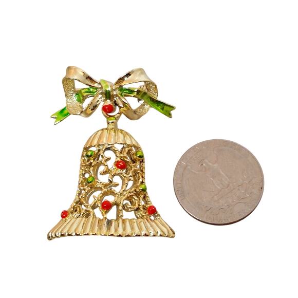 Gerry's Christmas Bell Brooch Gold Red Green Enamel Holiday Pin Vintage 1970s - Picture 3 of 6